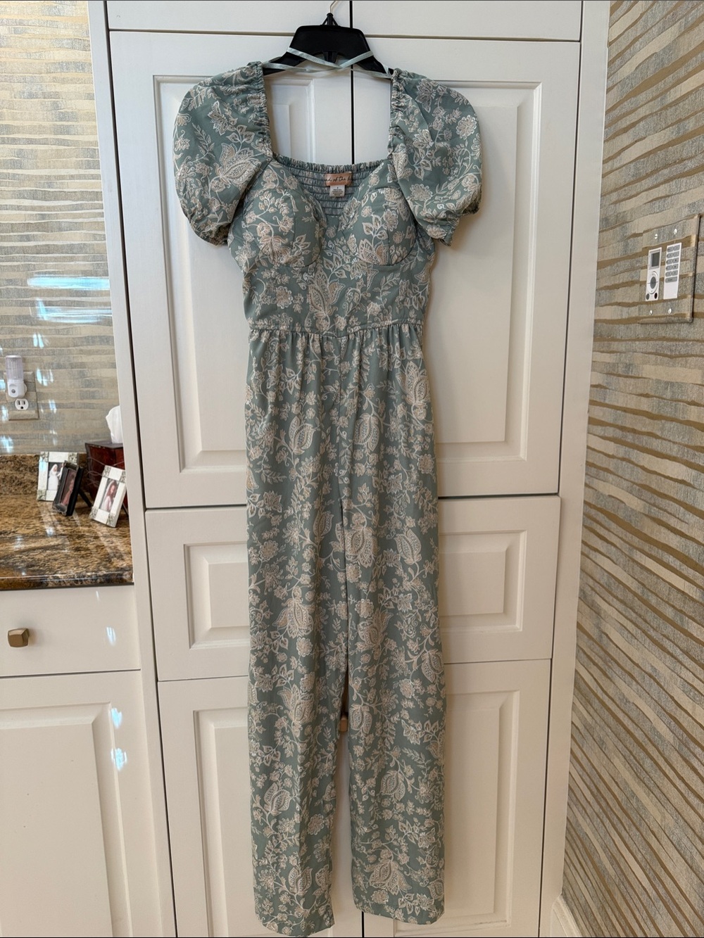 Band of the Free Sage Green Cream Floral Puff-Sleeve Jumpsuit